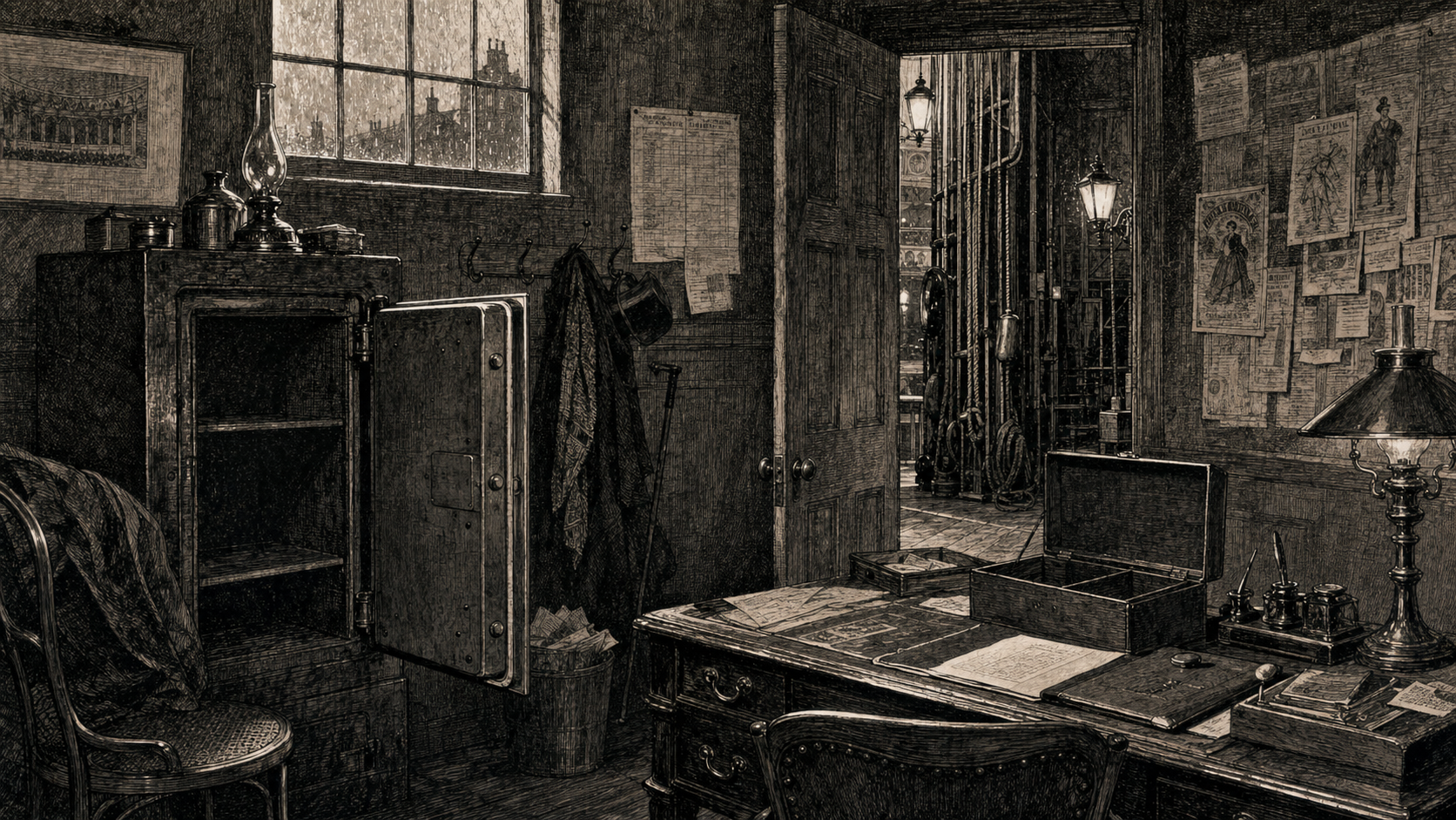 Victorian newspaper-style illustration for The Case of the Director's Vacant Cabinet, set at The Coronet Theatre, Wellington Street, Covent Garden.