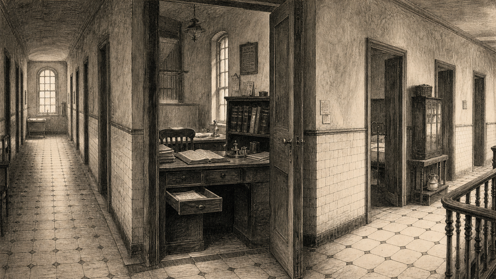 Victorian newspaper-style illustration for The Case of the Whitechapel Steward's Ledger, set at The East End Charity Hospital, Mile End Road, Whitechapel.