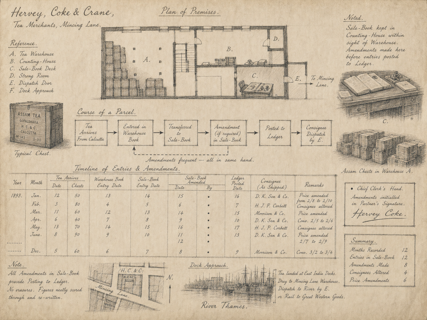 Hand-drawn case map for The Case of the Missing Assam, showing Hervey, Coke & Crane, tea-merchants, Mincing Lane.