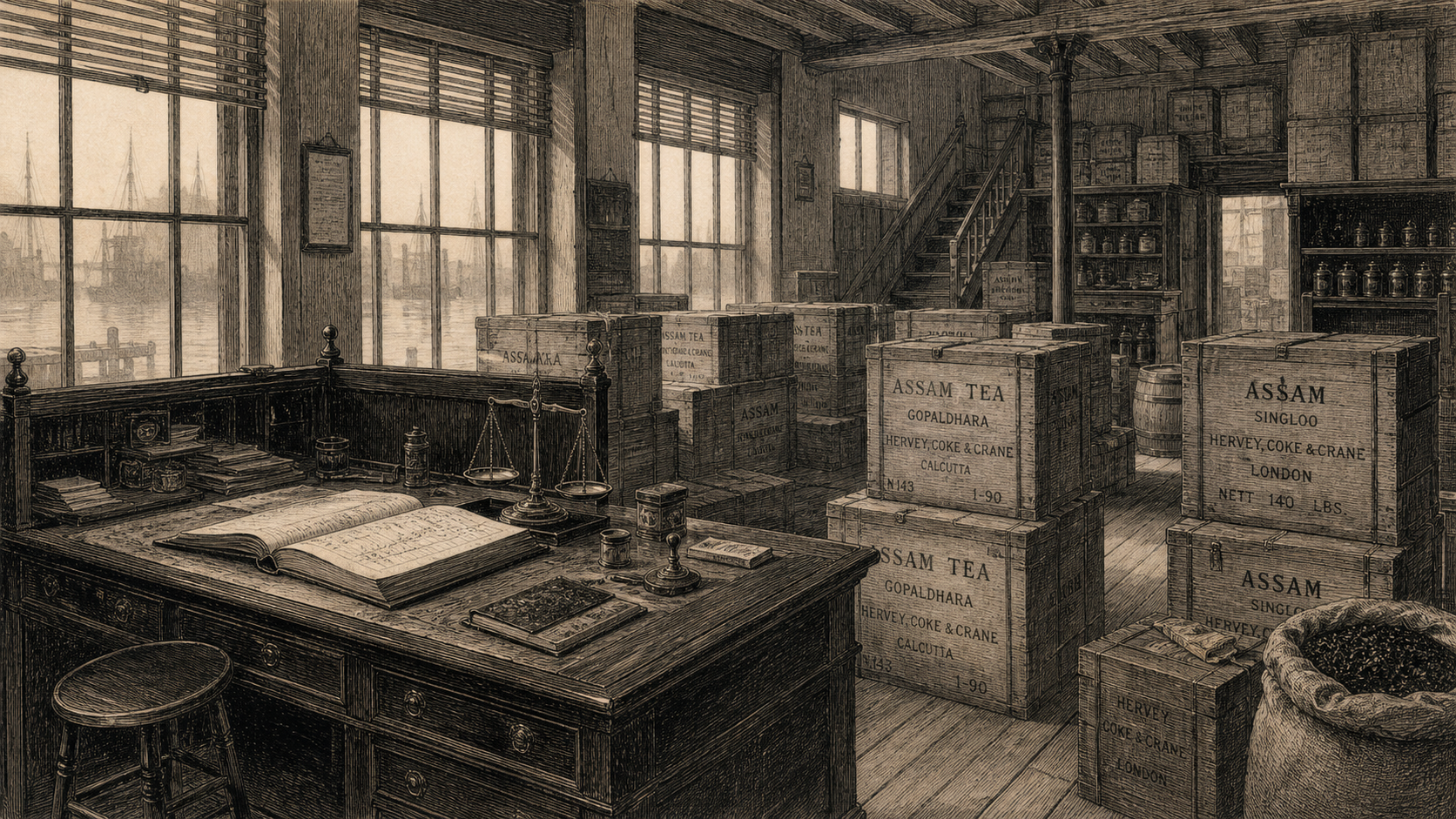Victorian newspaper-style illustration for The Case of the Missing Assam, set at Hervey, Coke & Crane, tea-merchants, Mincing Lane.