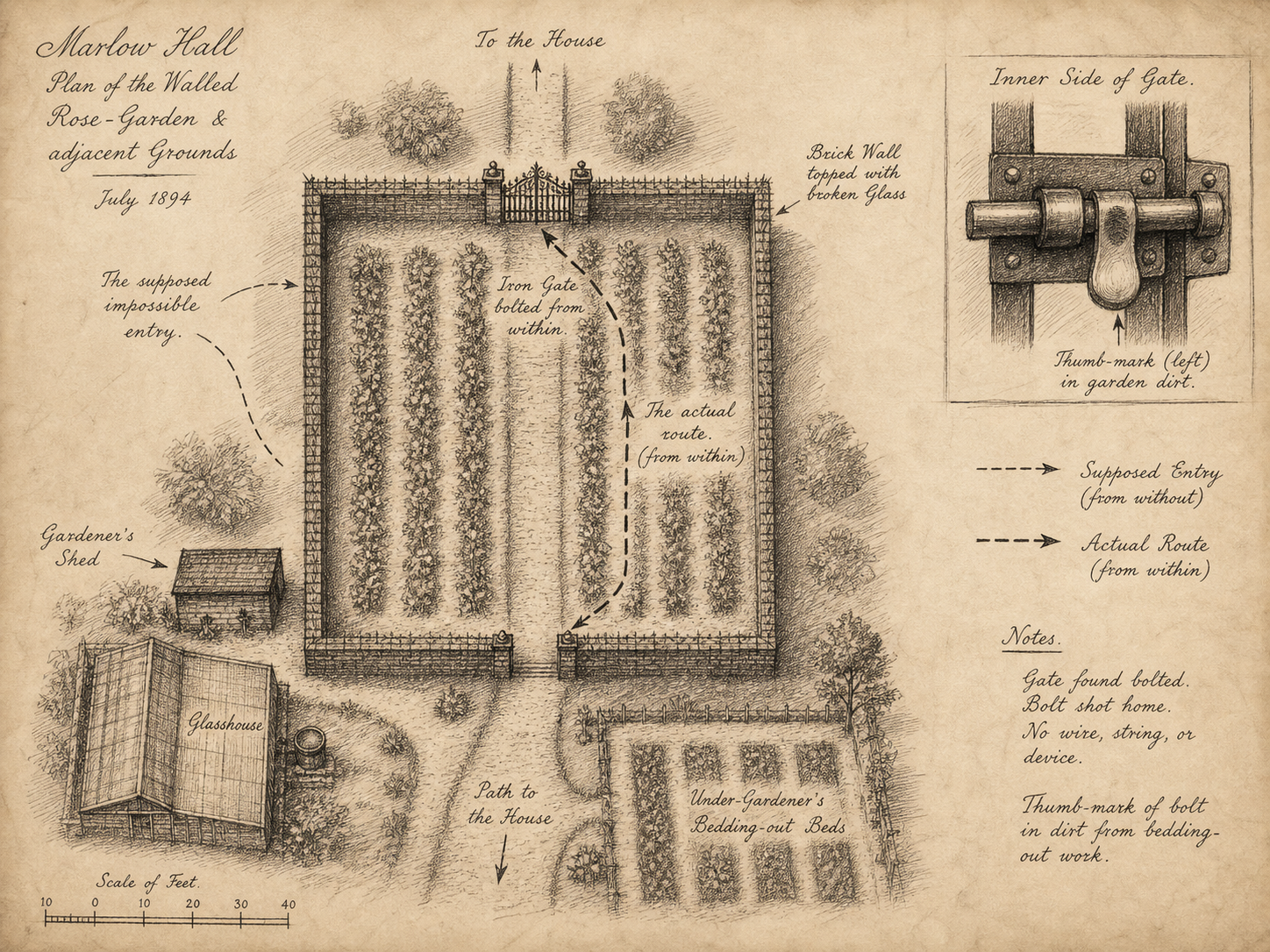 Hand-drawn case map for The Case of the Locked Rose-Garden, showing The walled rose-garden at Marlow Hall, Berkshire.