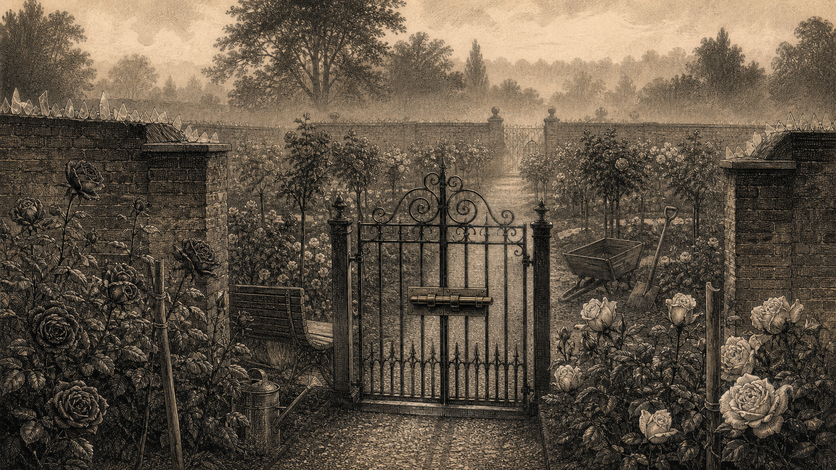 Victorian newspaper-style illustration for The Case of the Locked Rose-Garden, set at The walled rose-garden at Marlow Hall, Berkshire.