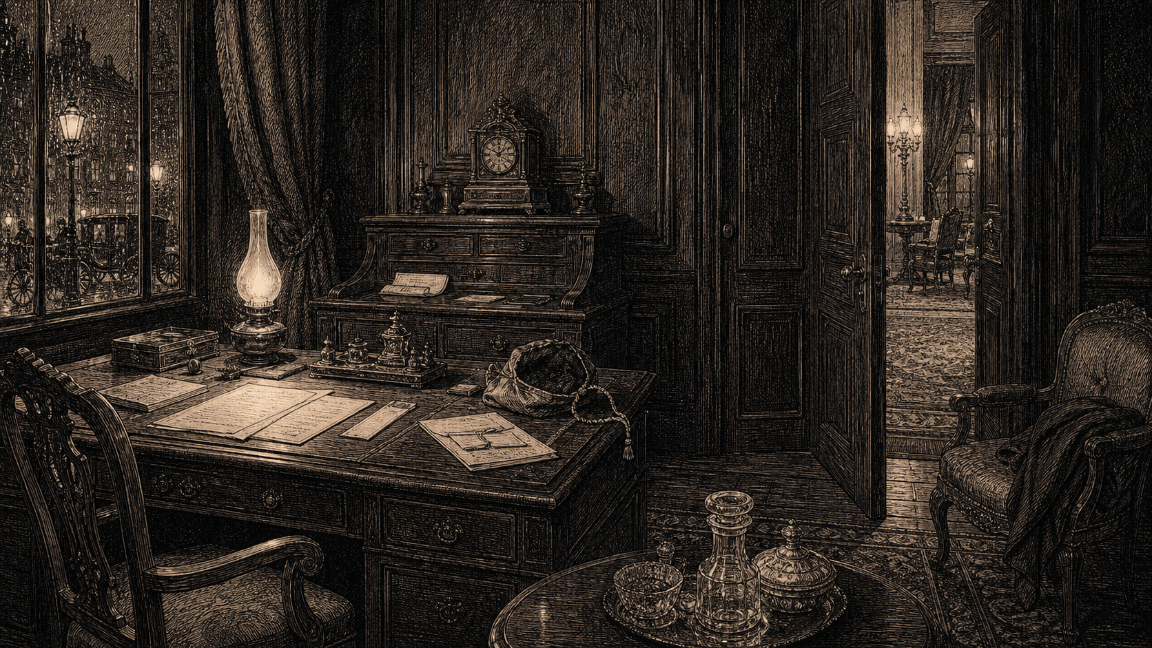 Victorian newspaper-style illustration for The Case of the Belgravia Pouch, set at A locked side-room at the Habsburg embassy, Belgrave Square.