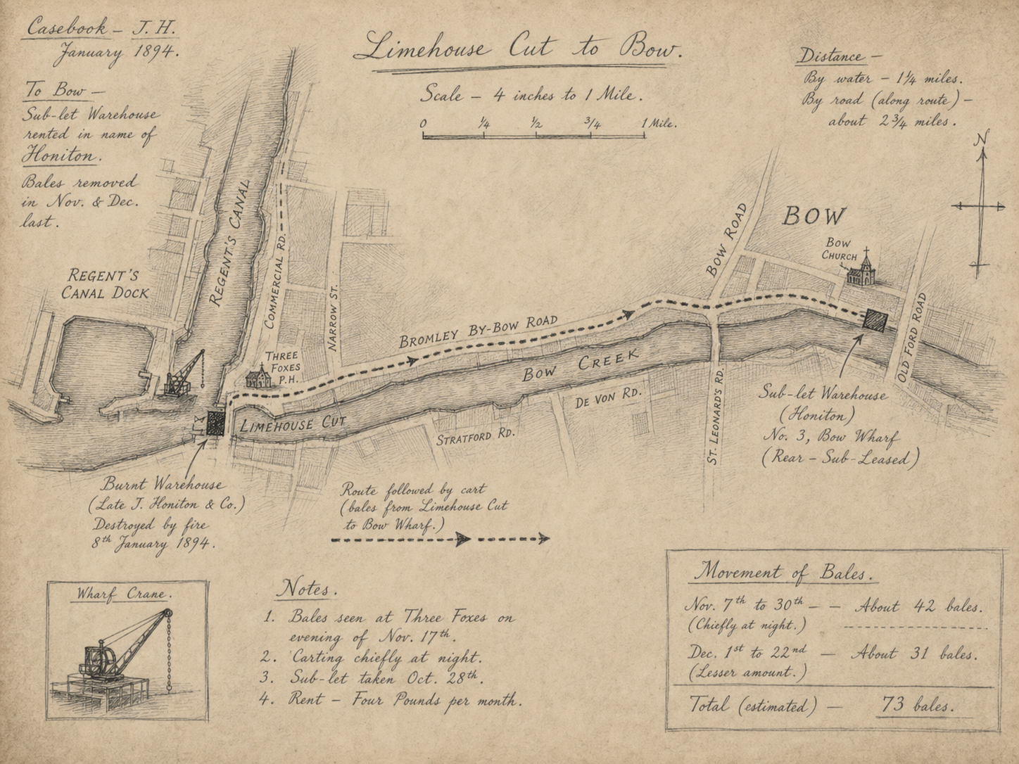 Hand-drawn case map for The Case of the Limehouse Warehouse Fire, showing A burnt warehouse on the Limehouse Cut, by the Regent's Canal Dock.