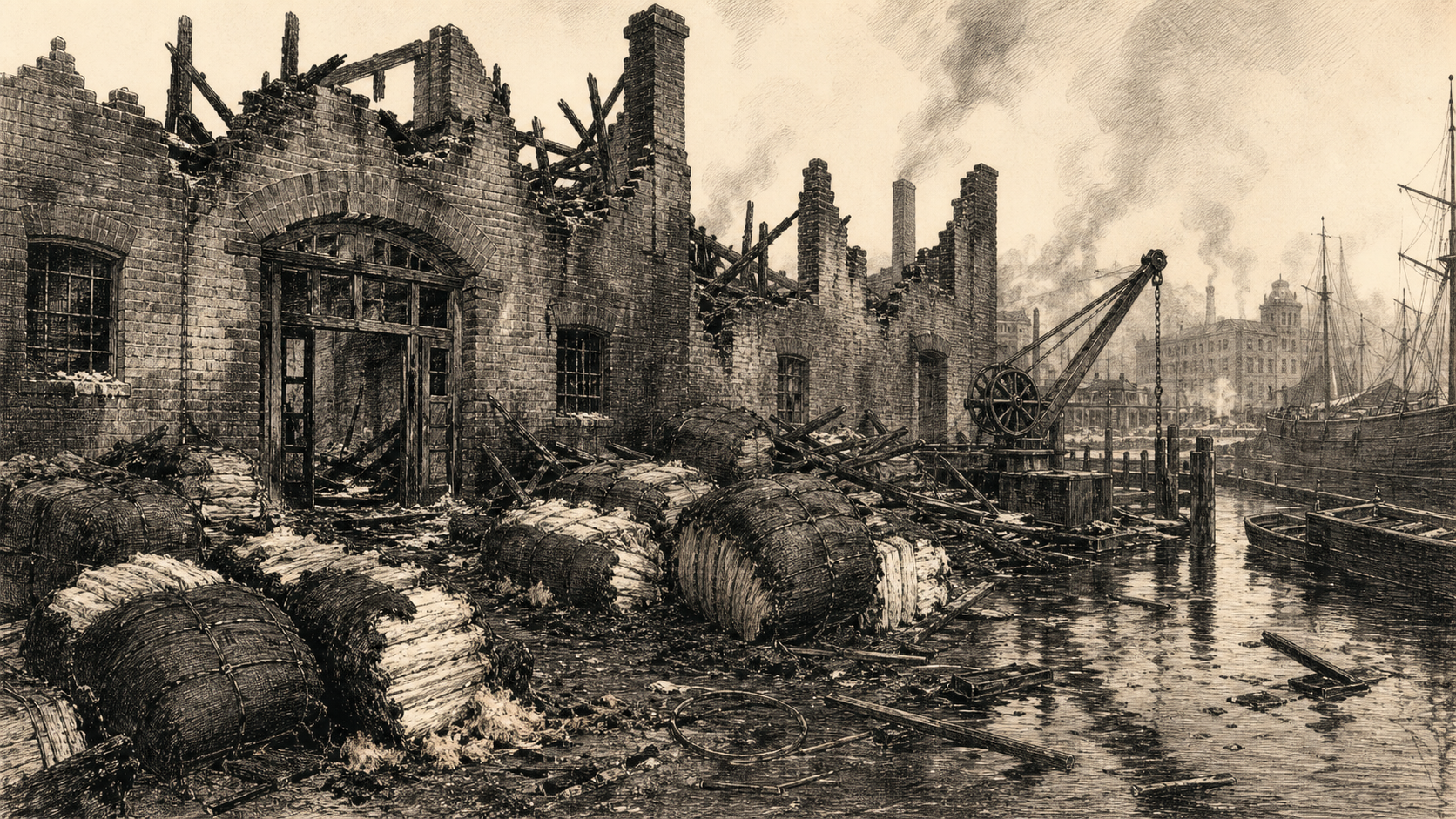 Victorian newspaper-style illustration for The Case of the Limehouse Warehouse Fire, set at A burnt warehouse on the Limehouse Cut, by the Regent's Canal Dock.