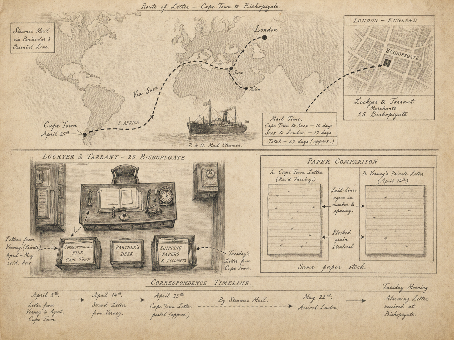 Hand-drawn case map for The Case of the Cape Town Letter, showing Lockyer & Tarrant, merchants, Bishopsgate, City of London.