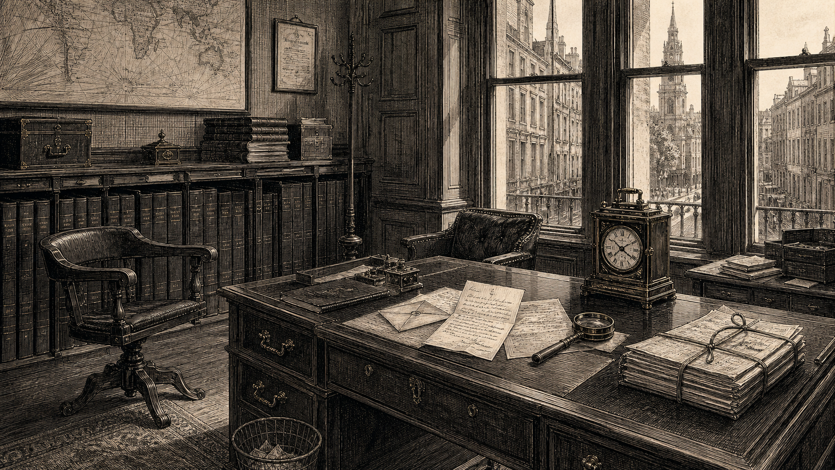 Victorian newspaper-style illustration for The Case of the Cape Town Letter, set at Lockyer & Tarrant, merchants, Bishopsgate, City of London.