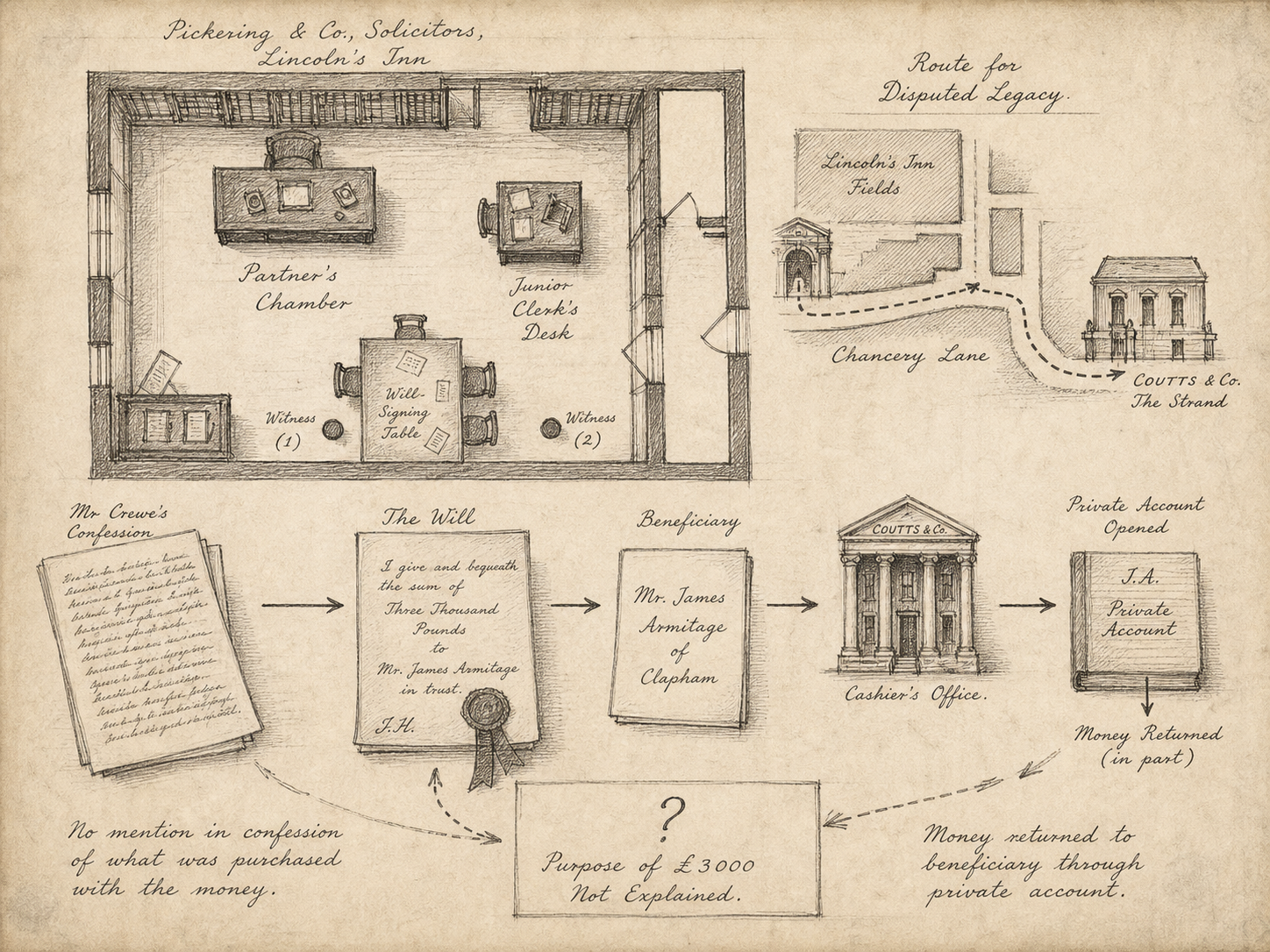 Hand-drawn case map for The Case of the Notary's Three Witnesses, showing Pickering & Co., solicitors, Lincoln's Inn.