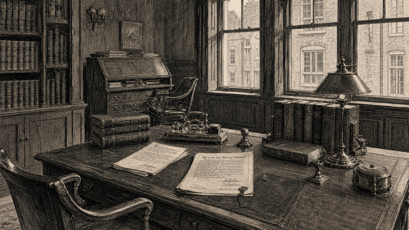 Victorian newspaper-style illustration for The Case of the Notary's Three Witnesses, set at Pickering & Co., solicitors, Lincoln's Inn.