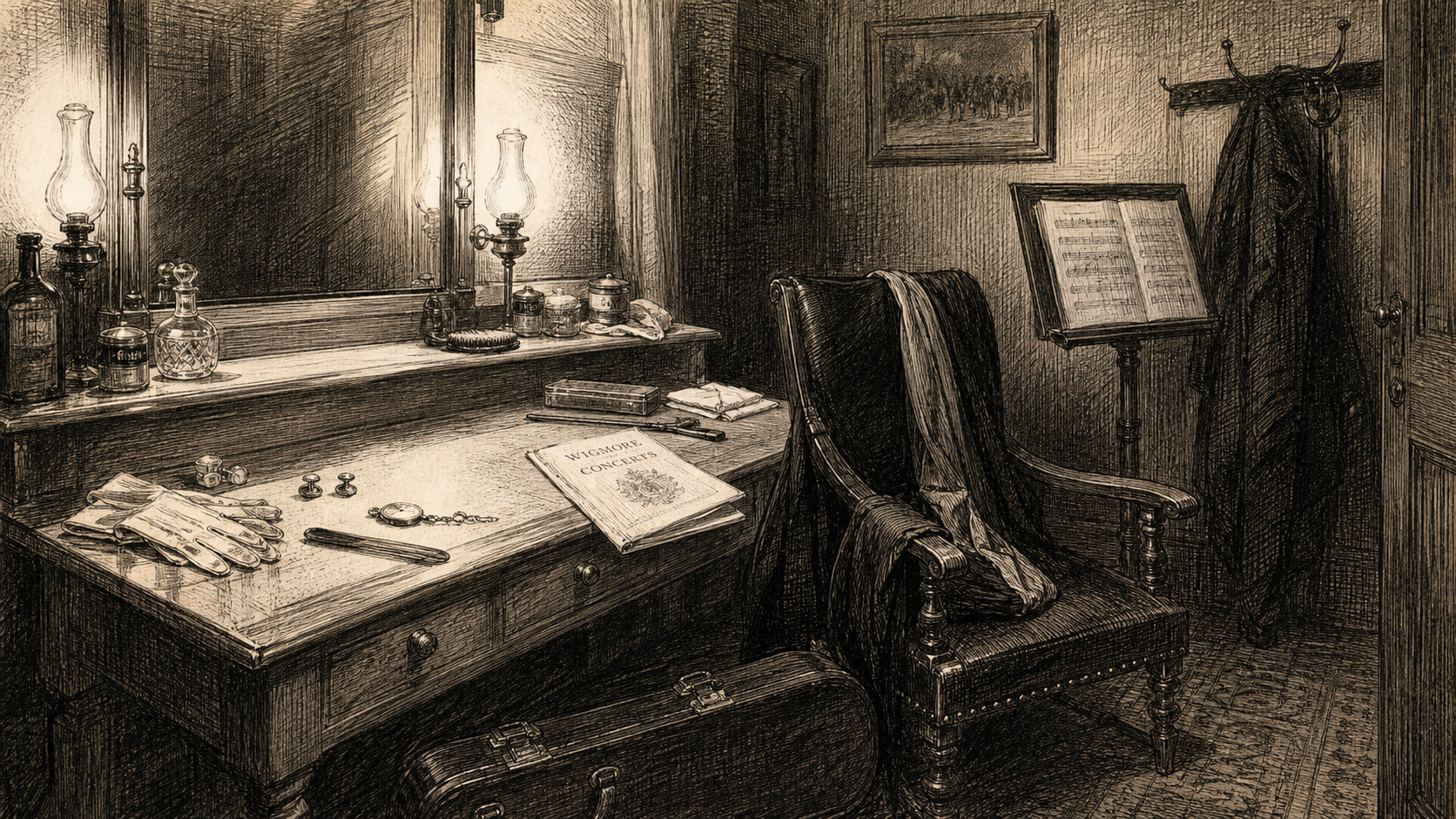 Victorian newspaper-style illustration for The Case of the Conductor's Missing Baton, set at Wigmore Concert Hall, dressing-room behind the stage.