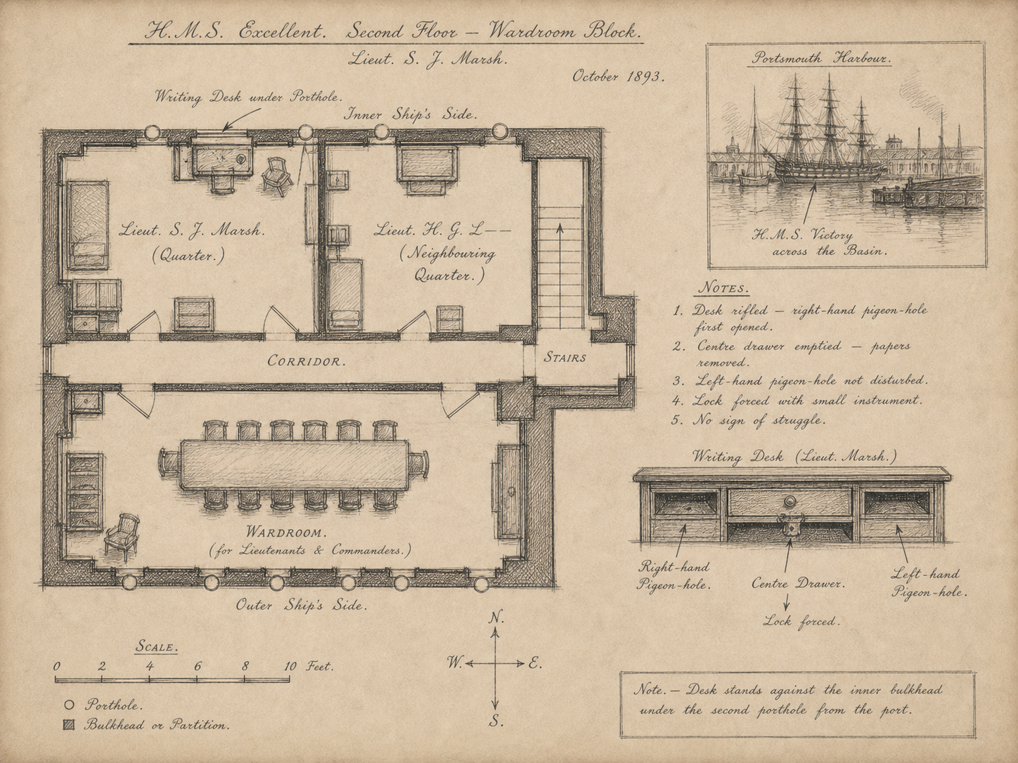 Hand-drawn case map for The Case of the Naval Officer's Code, showing Lieutenant Marsh's quarters, HMS Excellent, Portsmouth dockyard.