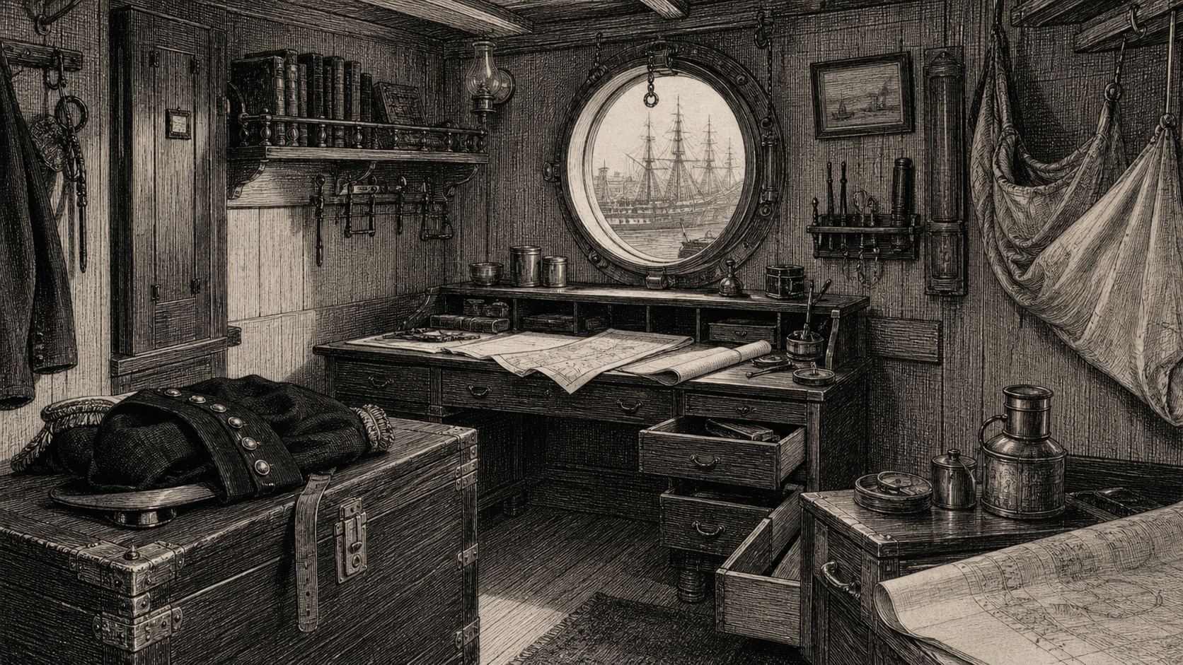 Victorian newspaper-style illustration for The Case of the Naval Officer's Code, set at Lieutenant Marsh's quarters, HMS Excellent, Portsmouth dockyard.