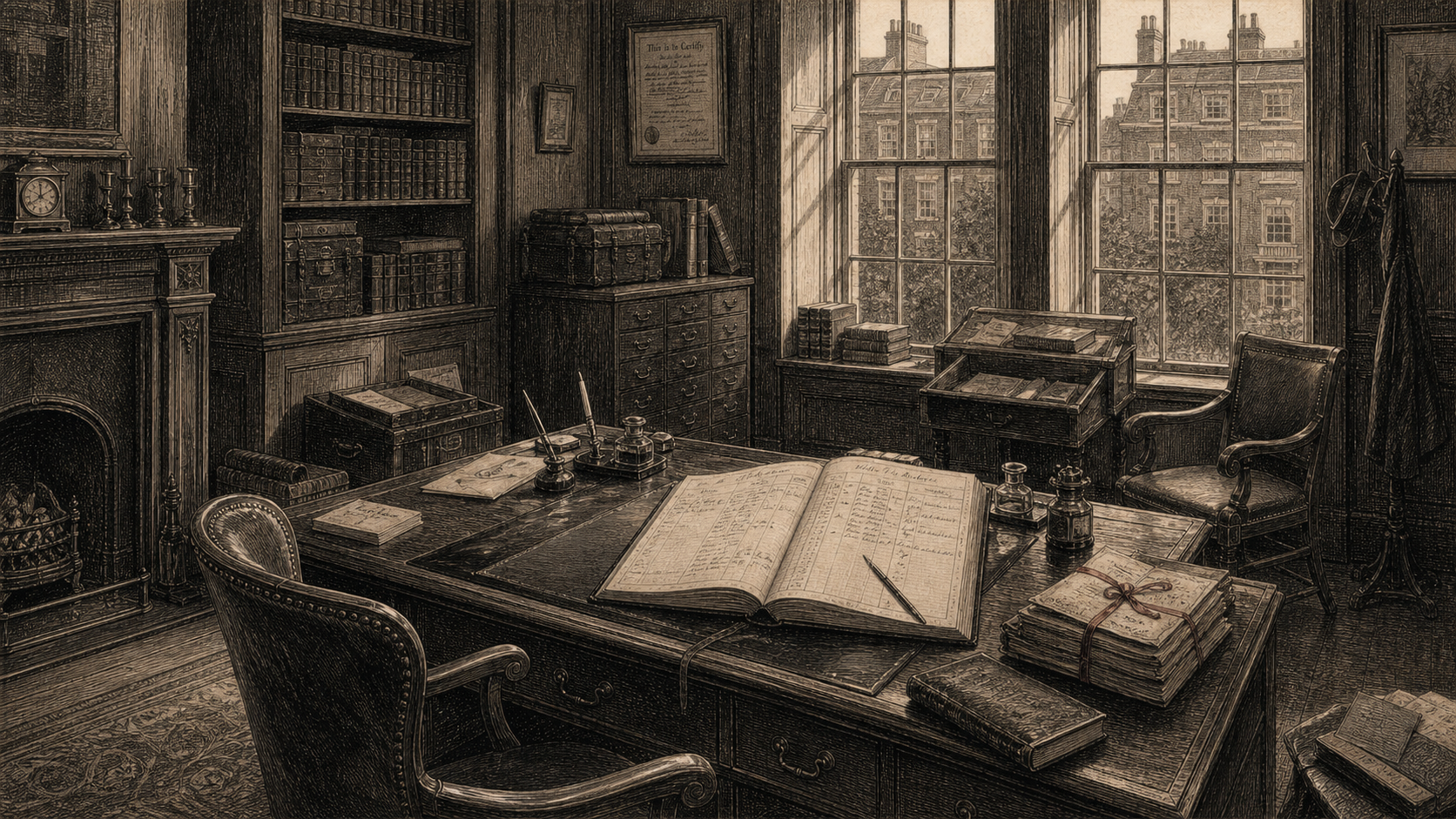 Victorian newspaper-style illustration for The Case of the Solicitor's Honest Lie, set at Falkner & Mann, solicitors, Gray's Inn.