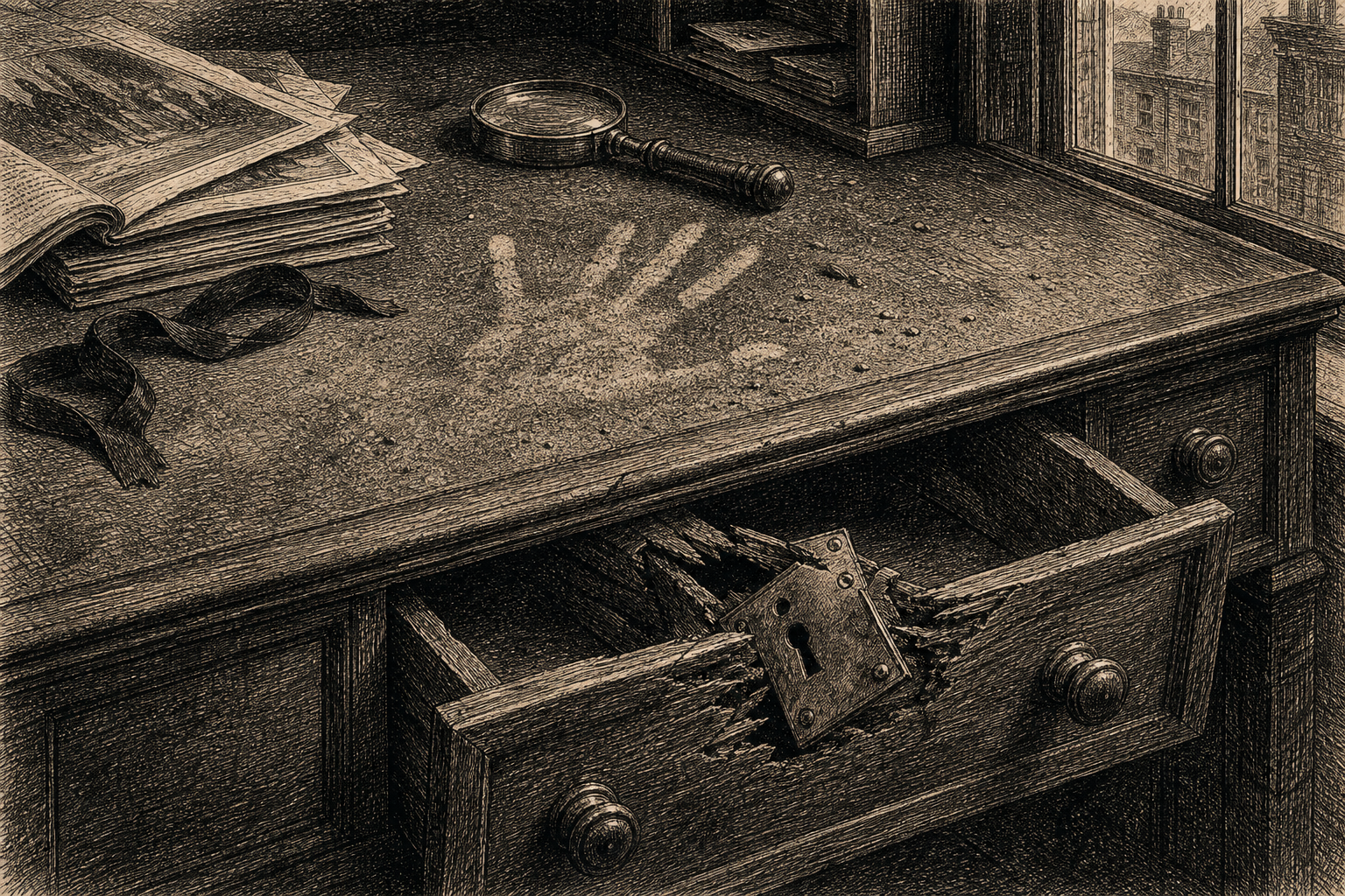 Engraved key object plate for The Case of the Henrietta Street Manuscript.