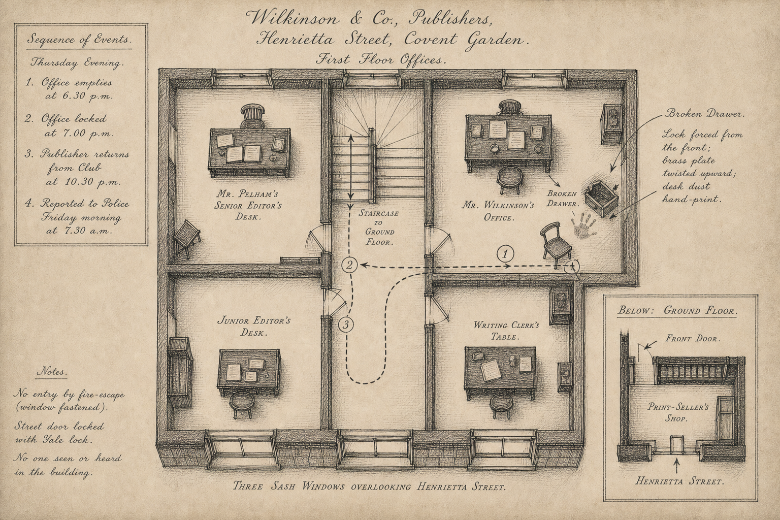 Hand-drawn case map for The Case of the Henrietta Street Manuscript, showing Wilkinson & Co., publishers, Henrietta Street, Covent Garden.
