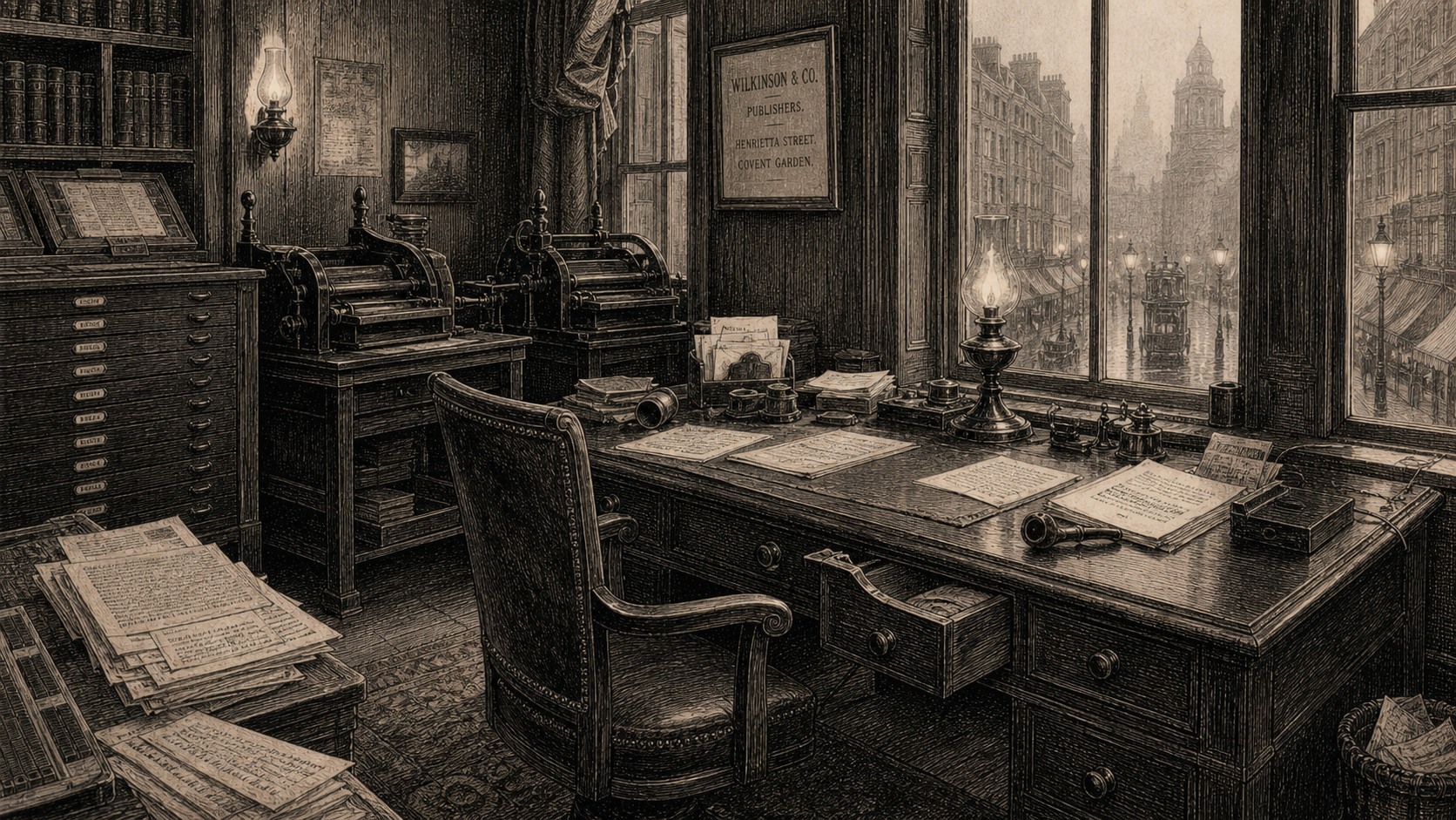 Victorian newspaper-style illustration for The Case of the Henrietta Street Manuscript, set at Wilkinson & Co., publishers, Henrietta Street, Covent Garden.