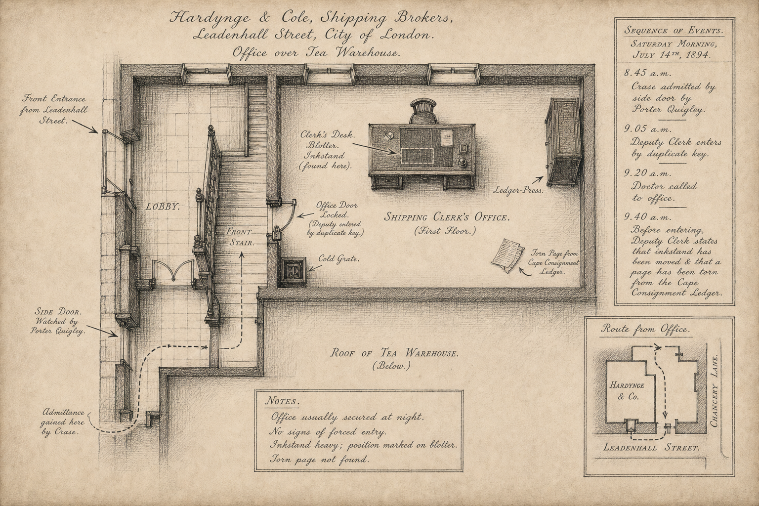 Hand-drawn case map for The Case of the Shipping Clerk's Inkstand, showing Hardynge & Cole, shipping brokers, Leadenhall Street, City of London.