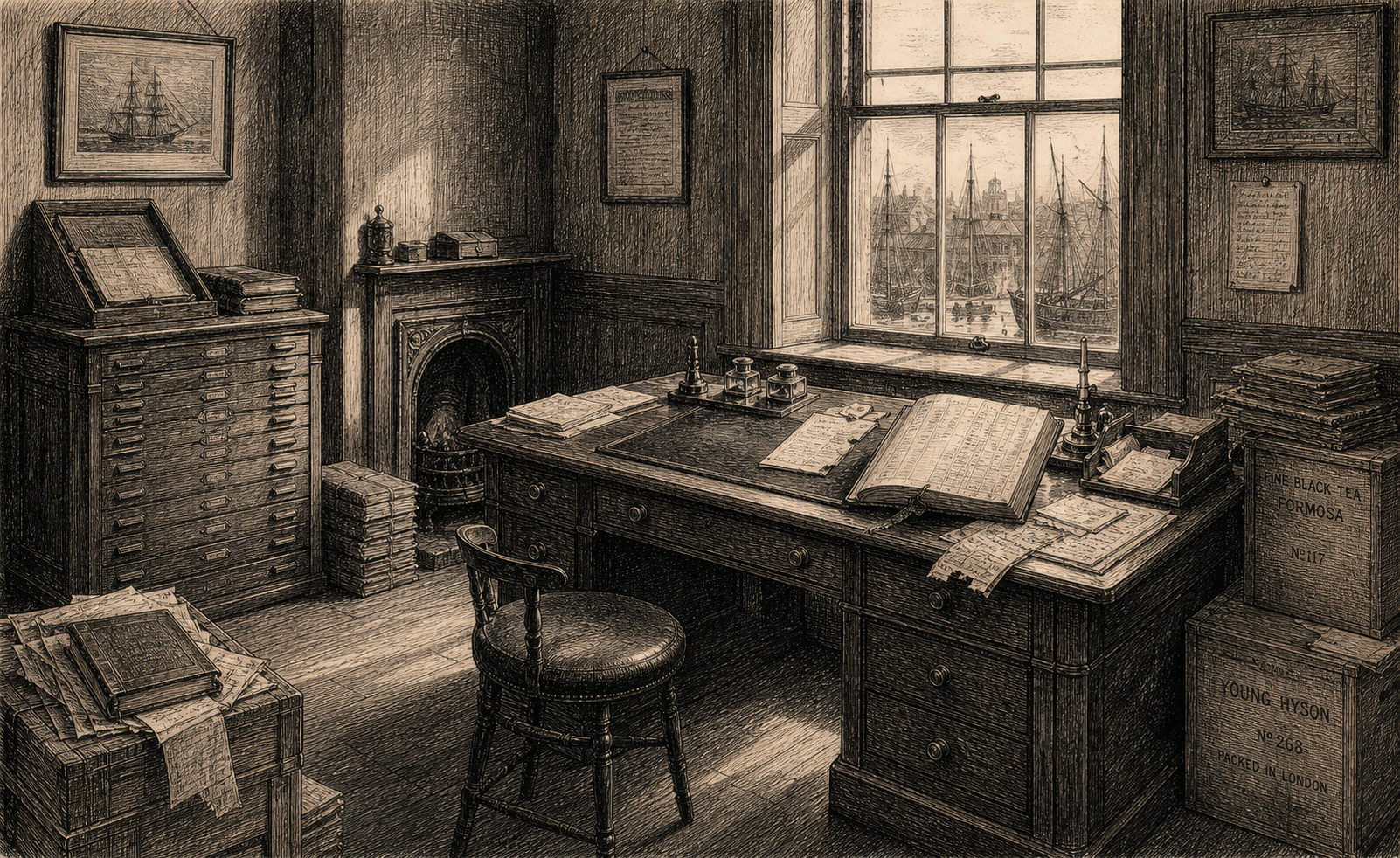 Victorian newspaper-style illustration for The Case of the Shipping Clerk's Inkstand, set at Hardynge & Cole, shipping brokers, Leadenhall Street, City of London.