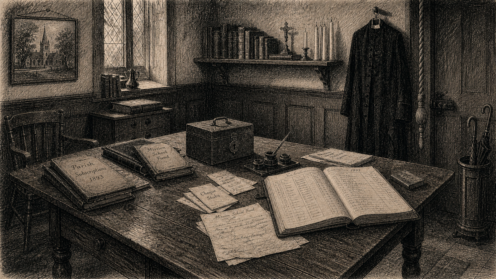 Victorian newspaper-style illustration for The Case of the Lambeth Mission Fund, set at St Anne's church, Lambeth - the vestry.
