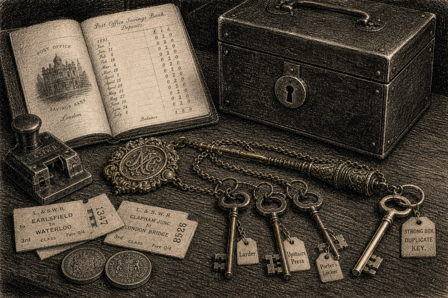 Engraved key object plate for The Case of the Stationmaster's Strongbox.