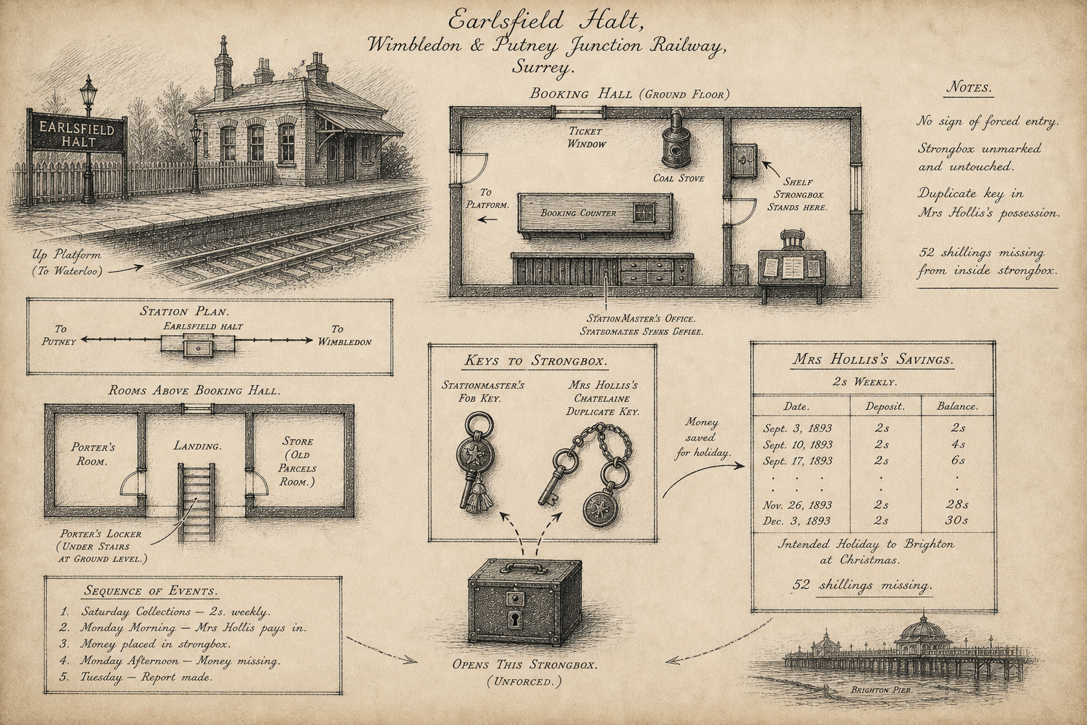Hand-drawn case map for The Case of the Stationmaster's Strongbox, showing Earlsfield Halt, a small Surrey junction on the Great Surrey line.