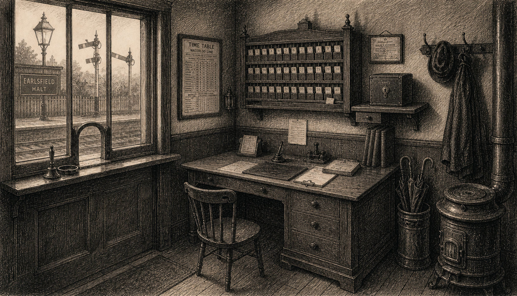 Victorian newspaper-style illustration for The Case of the Stationmaster's Strongbox, set at Earlsfield Halt, a small Surrey junction on the Great Surrey line.