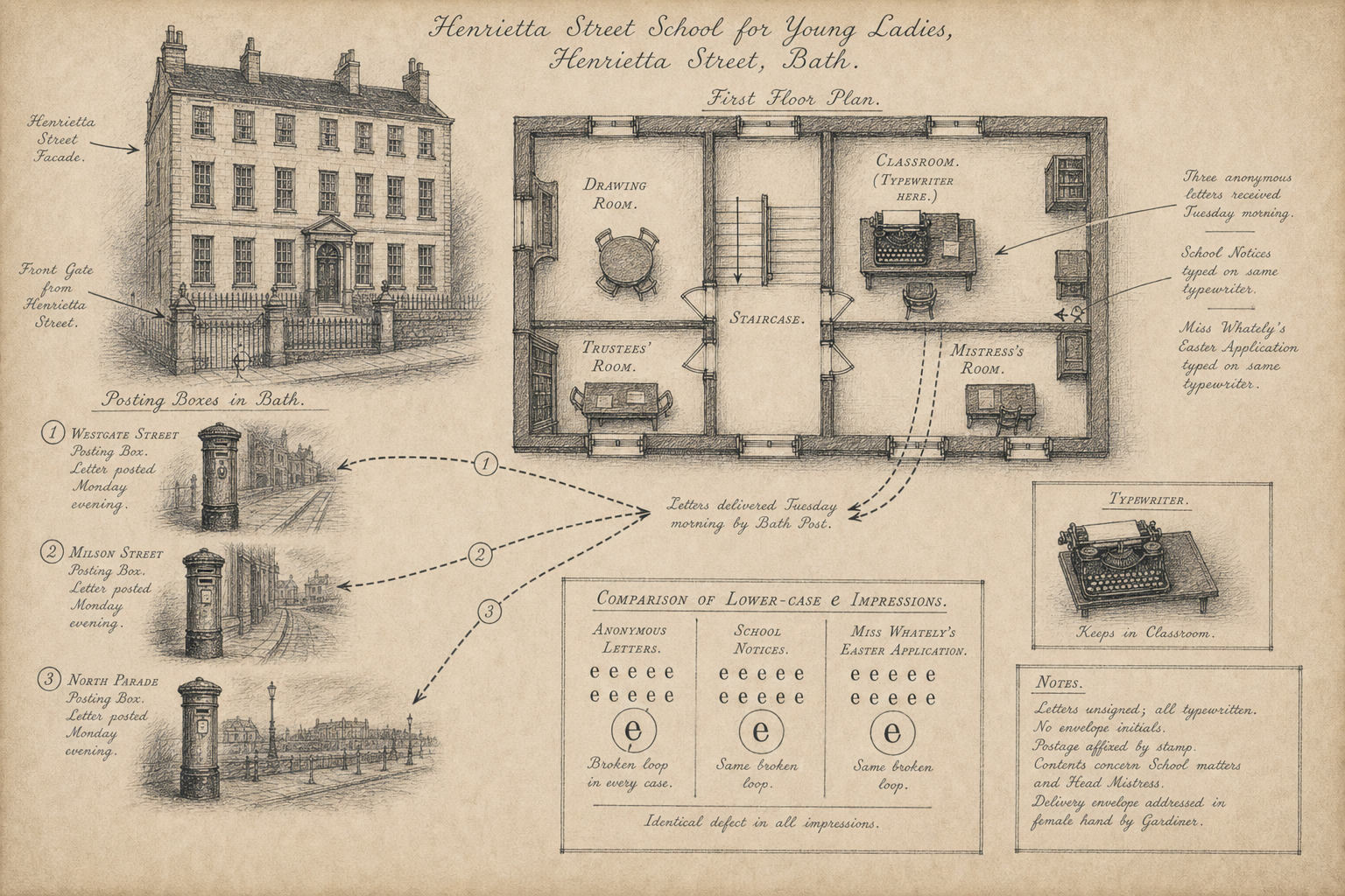 Hand-drawn case map for The Case of the Anonymous Letters, showing The Henrietta Street School for Young Ladies, Bath.