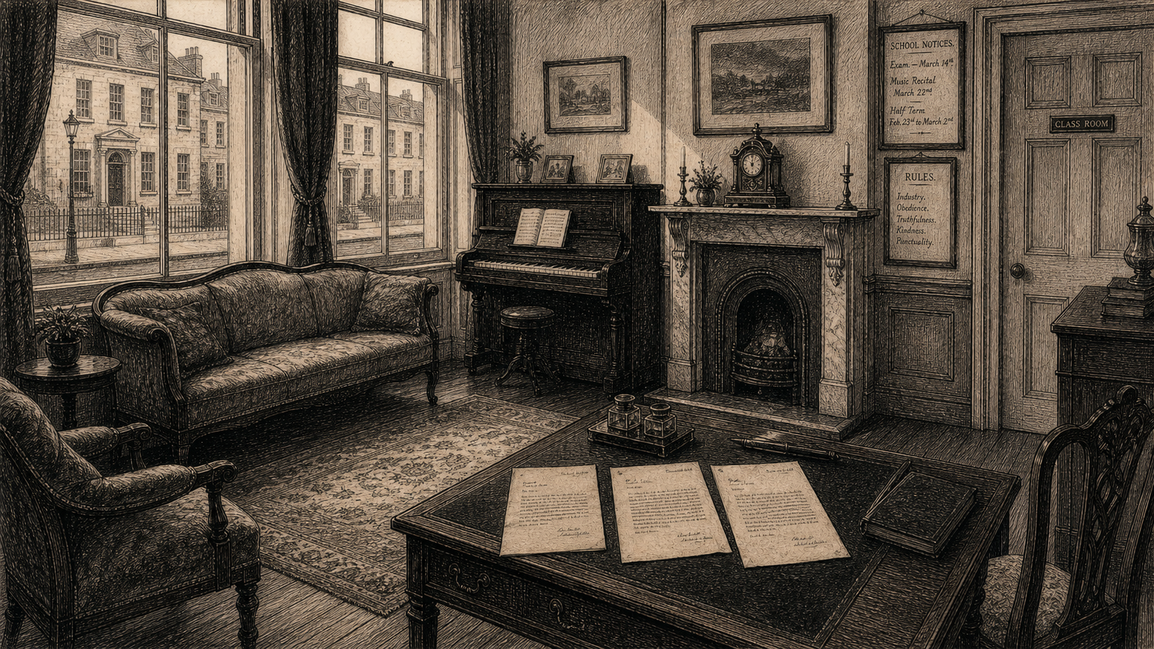 Victorian newspaper-style illustration for The Case of the Anonymous Letters, set at The Henrietta Street School for Young Ladies, Bath.