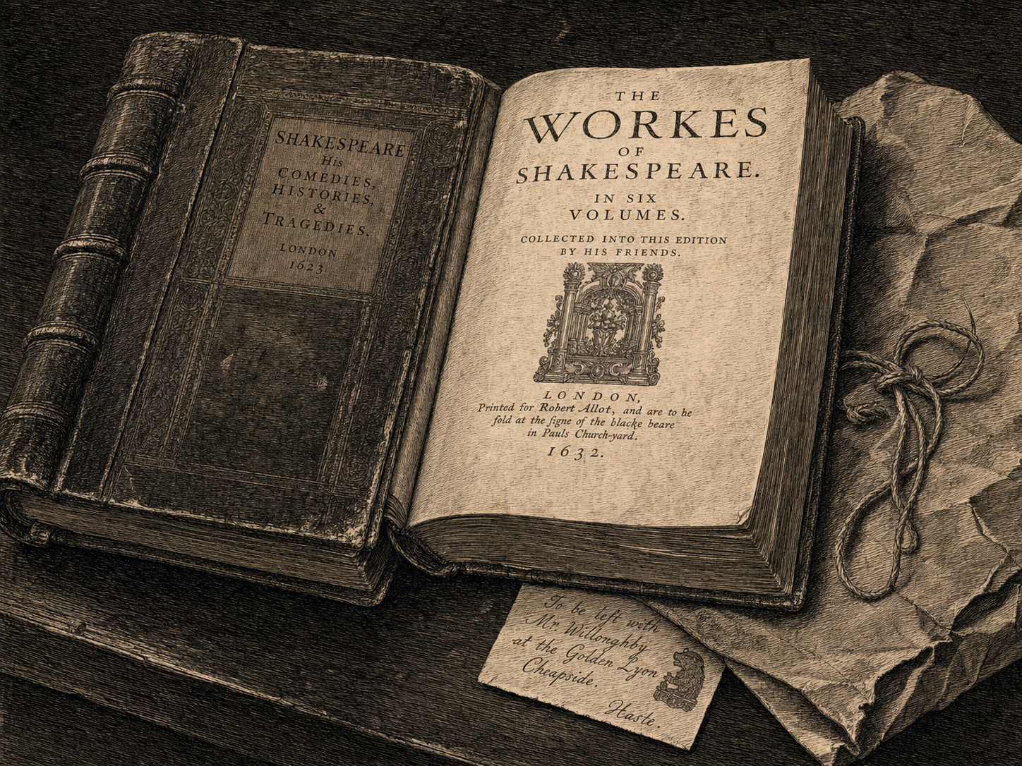 Two Shakespeare folios and a re-tied parcel on a bookseller's counter, showing the substituted edition and forged messenger's chit.