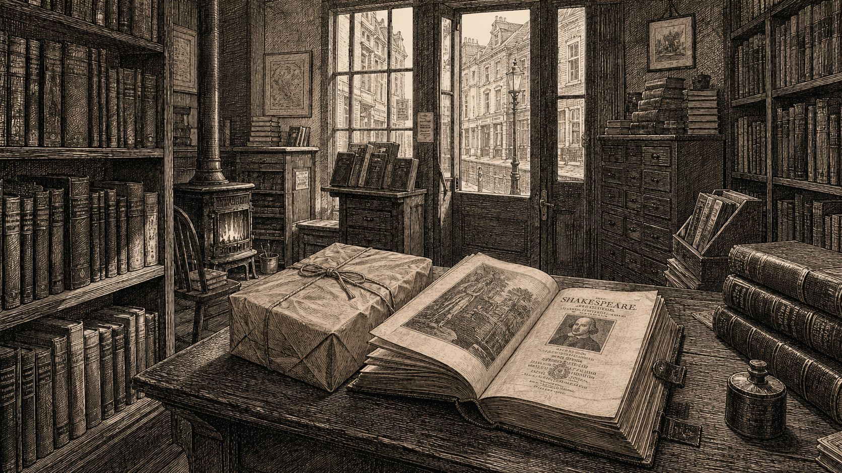 Interior of Mr Berriman's Charing Cross Road bookshop, with tall oak shelves, winter light, a wood-stove, and a re-tied parcel beside an opened folio.