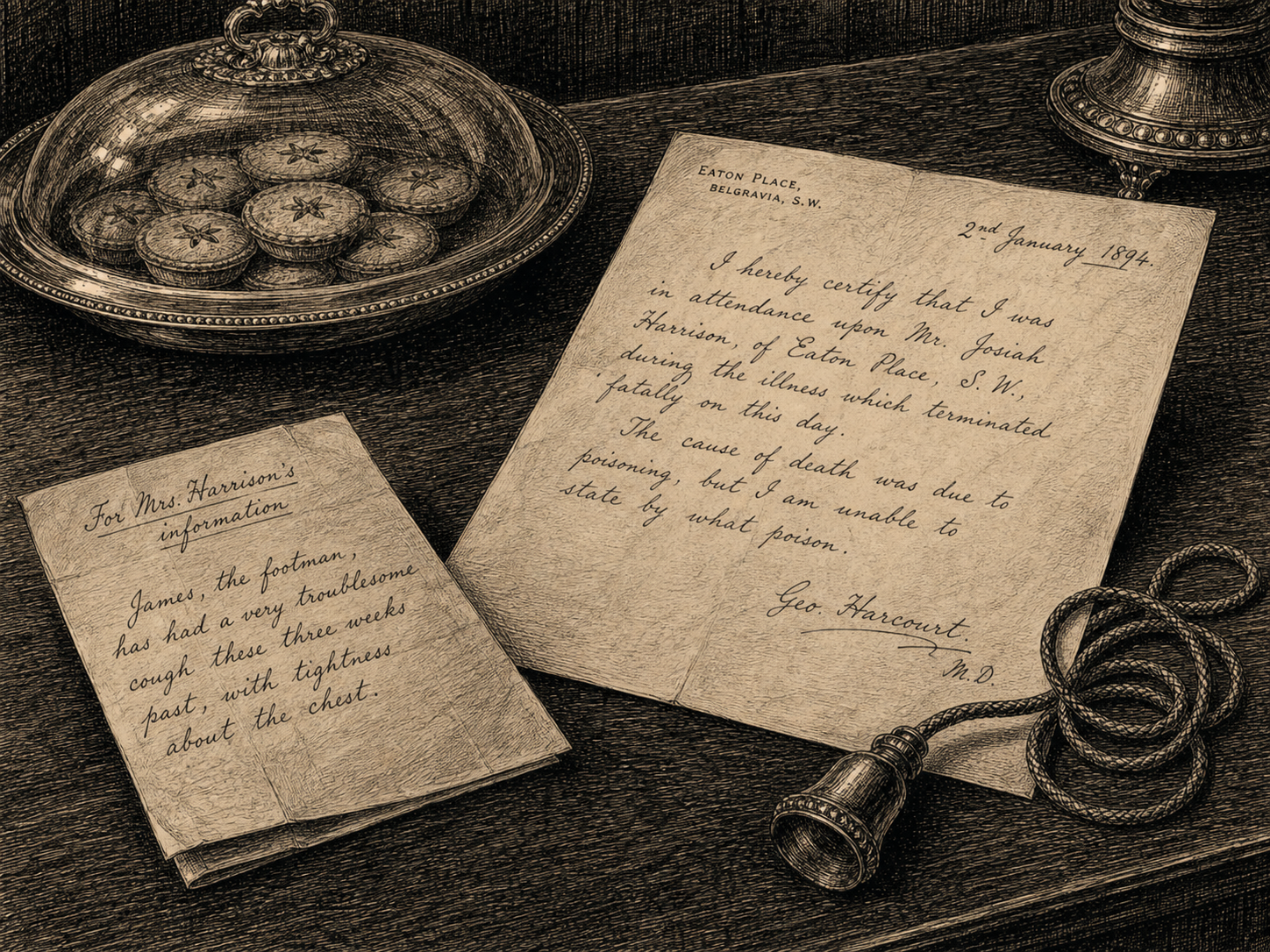A doctor's certificate, cough note, bedside-bell cord, and covered dish of mince-pies on a Belgravia side table.