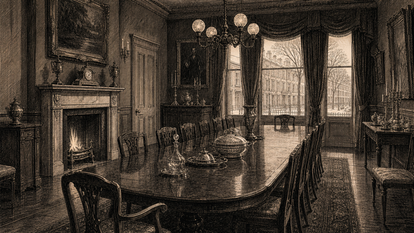 A grand Eaton Place dining-room in mourning order, with silver on the sideboard, a low fire, and a frost-bright Belgravia street beyond.
