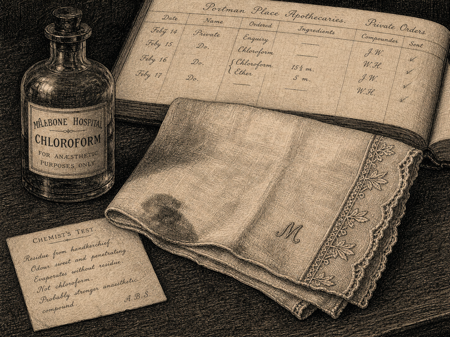 A patient's stained handkerchief beside a chloroform bottle, chemist's test slip, and Portman Place private-order register.