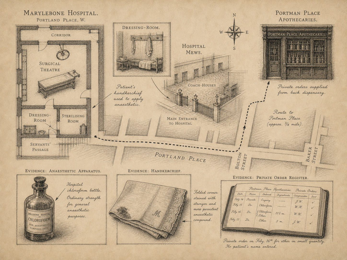 Hand-drawn Marylebone case map linking the hospital theatre and dressing-room to Portman Place apothecary and the handkerchief evidence.