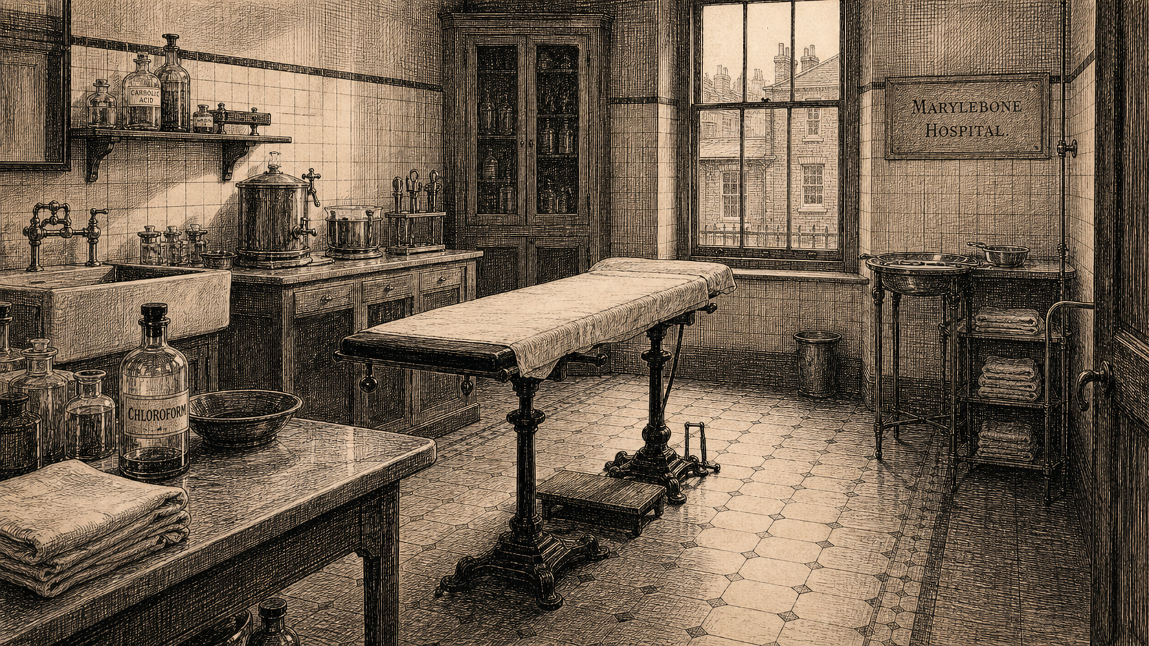 The Marylebone Hospital surgical theatre, empty after a procedure, with chloroform bottle, tiled walls, instruments, and a high window onto the mews.