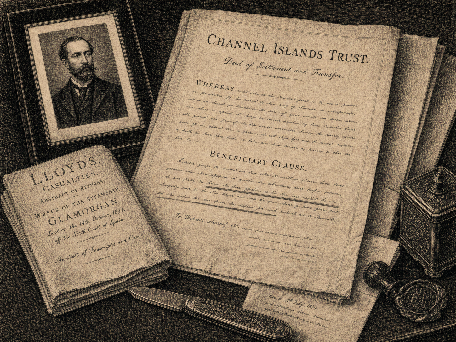 Channel Islands trust papers, a Lloyd's Glamorgan manifest, sealing wax, and a black-bordered photograph in an engraved still-life.