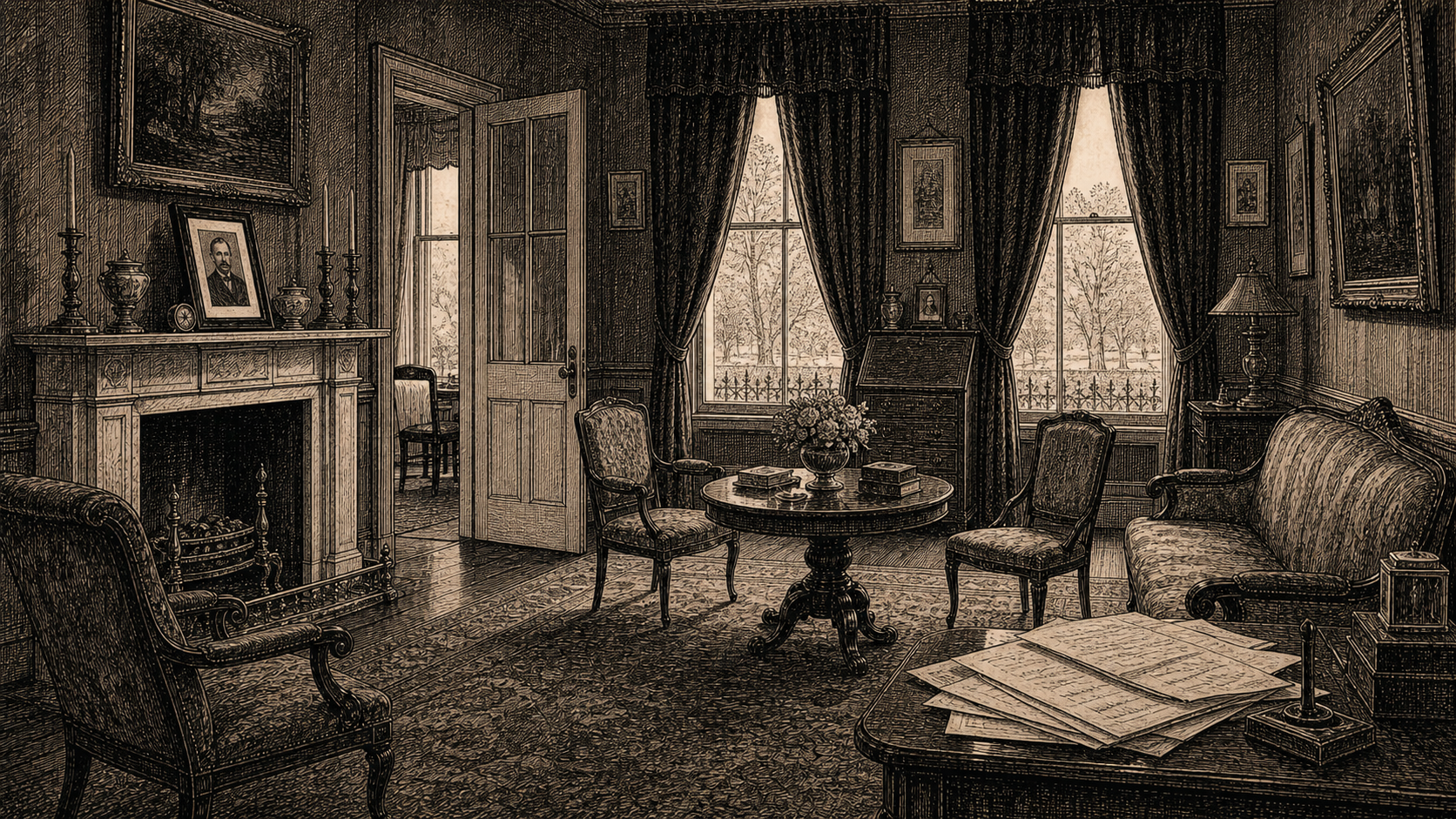 Mrs Anstey's Bayswater Terrace drawing-room in mourning order, with estate papers on a table and a half-glazed door toward the morning-room.