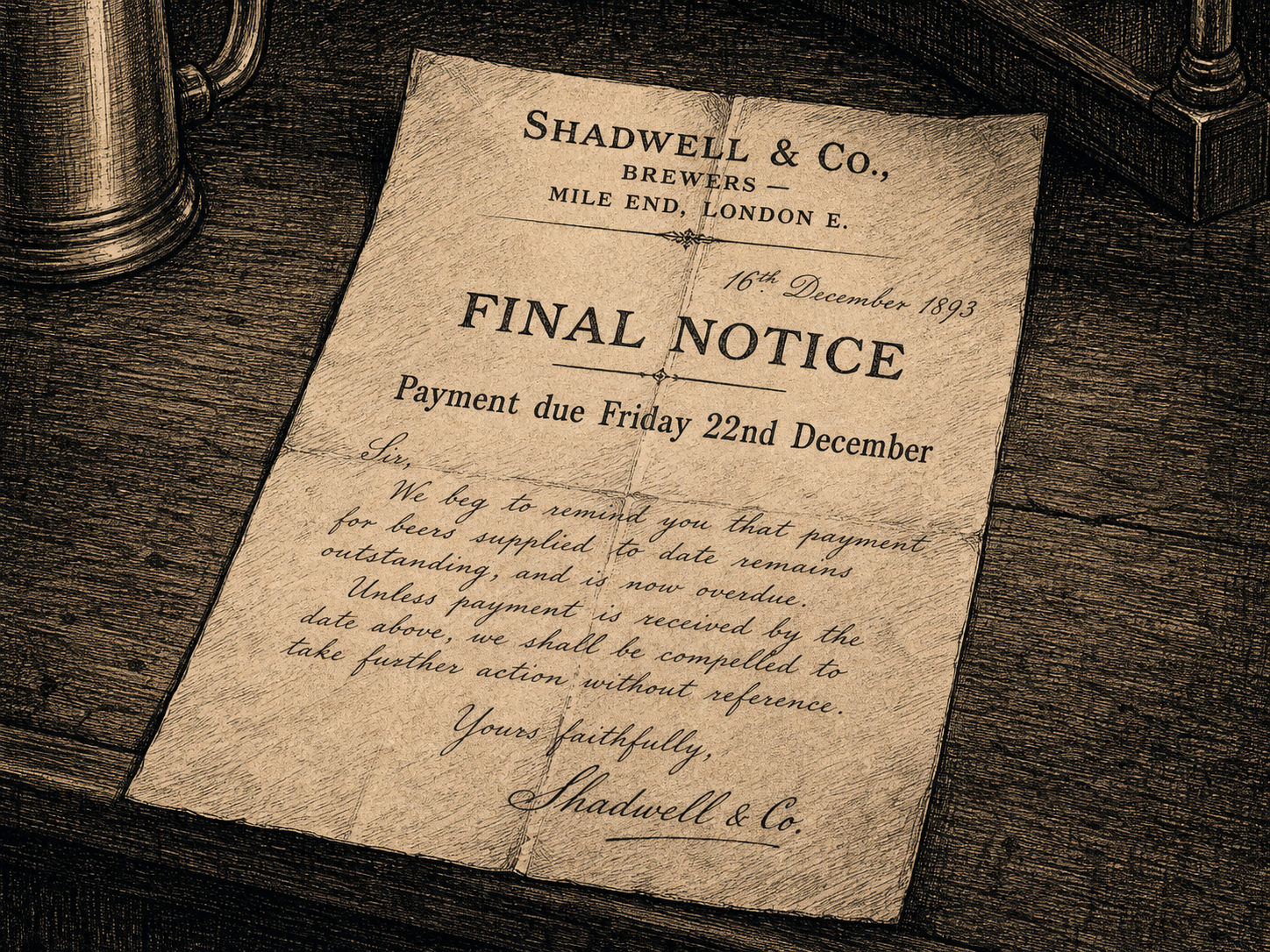 A creased Victorian business letter on Shadwell & Co. brewery letterhead, headed 'FINAL NOTICE — Payment due Friday 22nd December'.