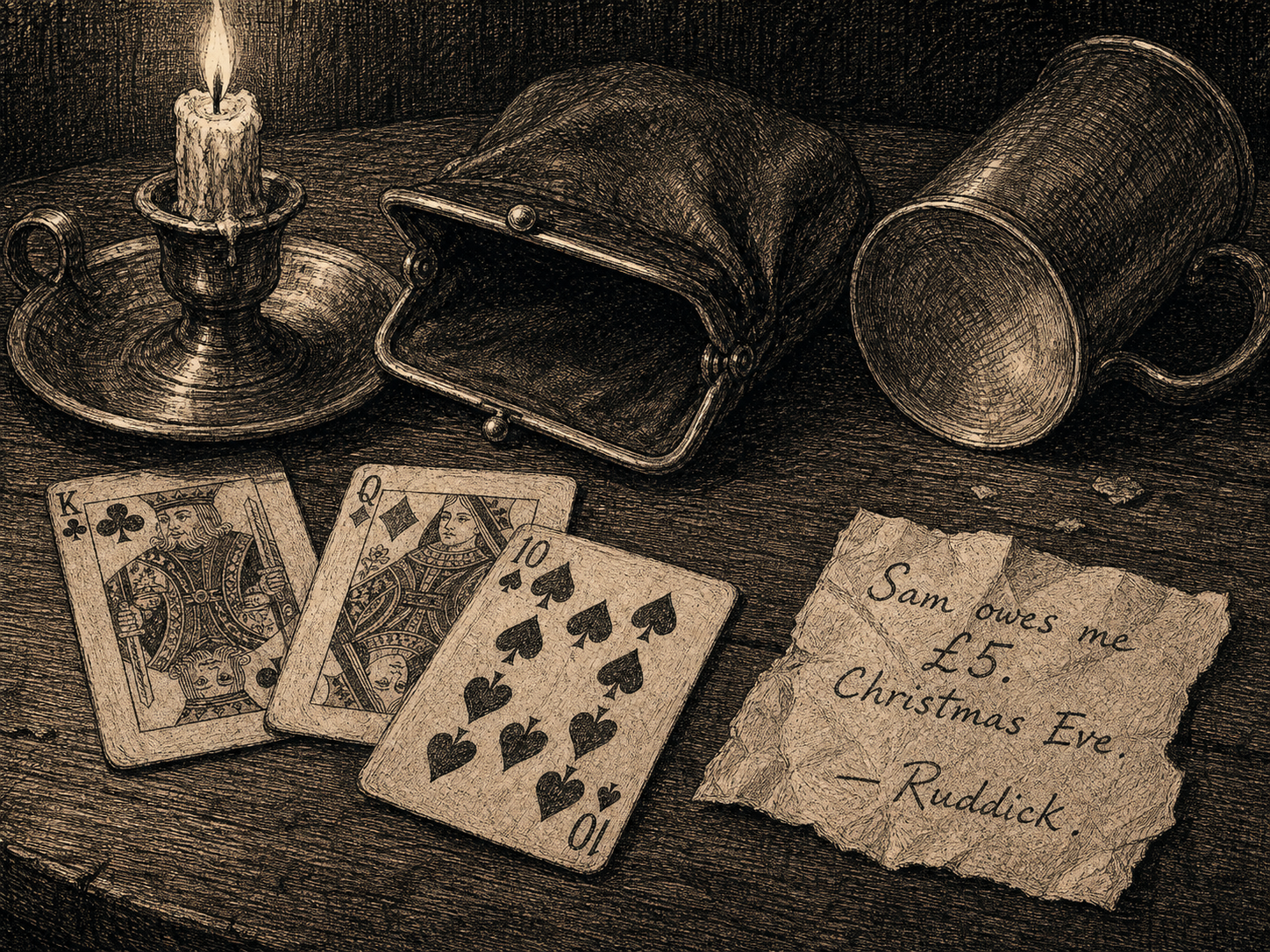 A tavern table scene: a losing card hand of king-queen-ten, an empty leather purse, an upturned tankard, and a handwritten note reading 'Sam owes me £5. Christmas Eve. — Ruddick.'