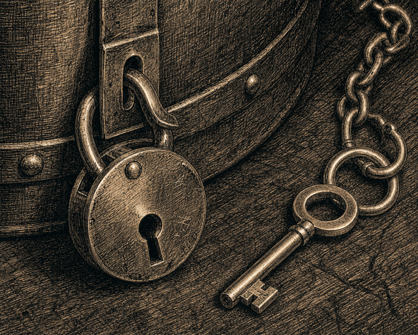 Close-up of the savings tin's brass lock with a faintly bent latch, beside the unscratched brass key on its watch-fob chain.