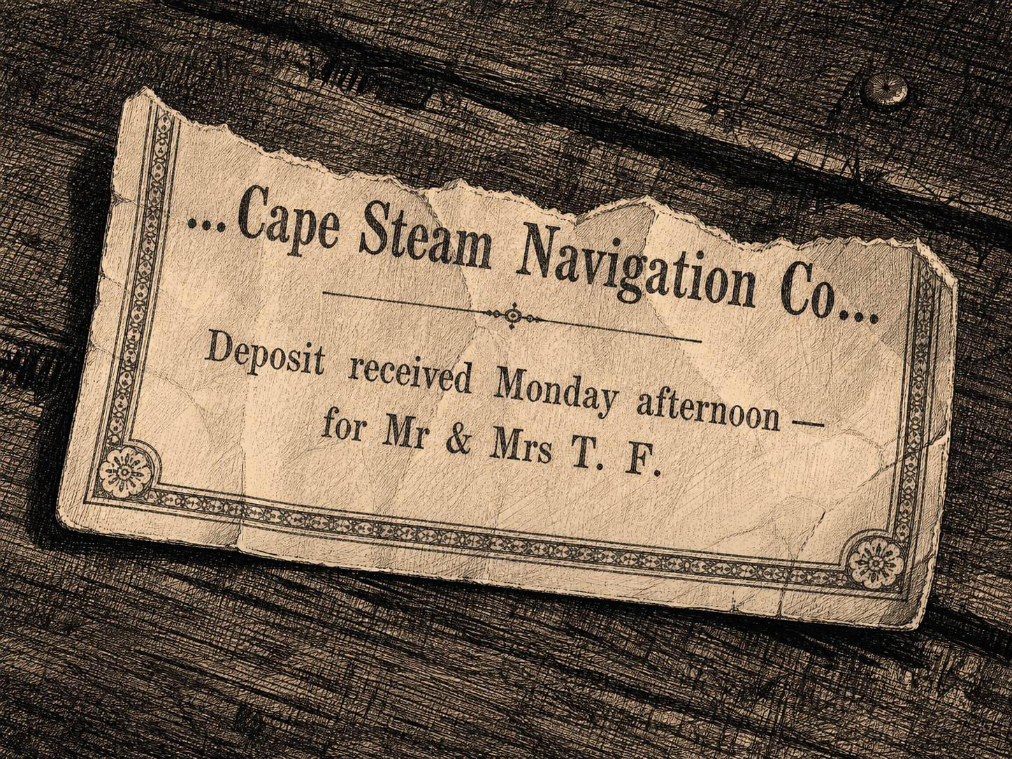 A torn lower corner of a printed shipping ticket on a dark wooden surface, reading '...Cape Steam Navigation Co... Deposit received Monday afternoon — for Mr & Mrs T. F.'
