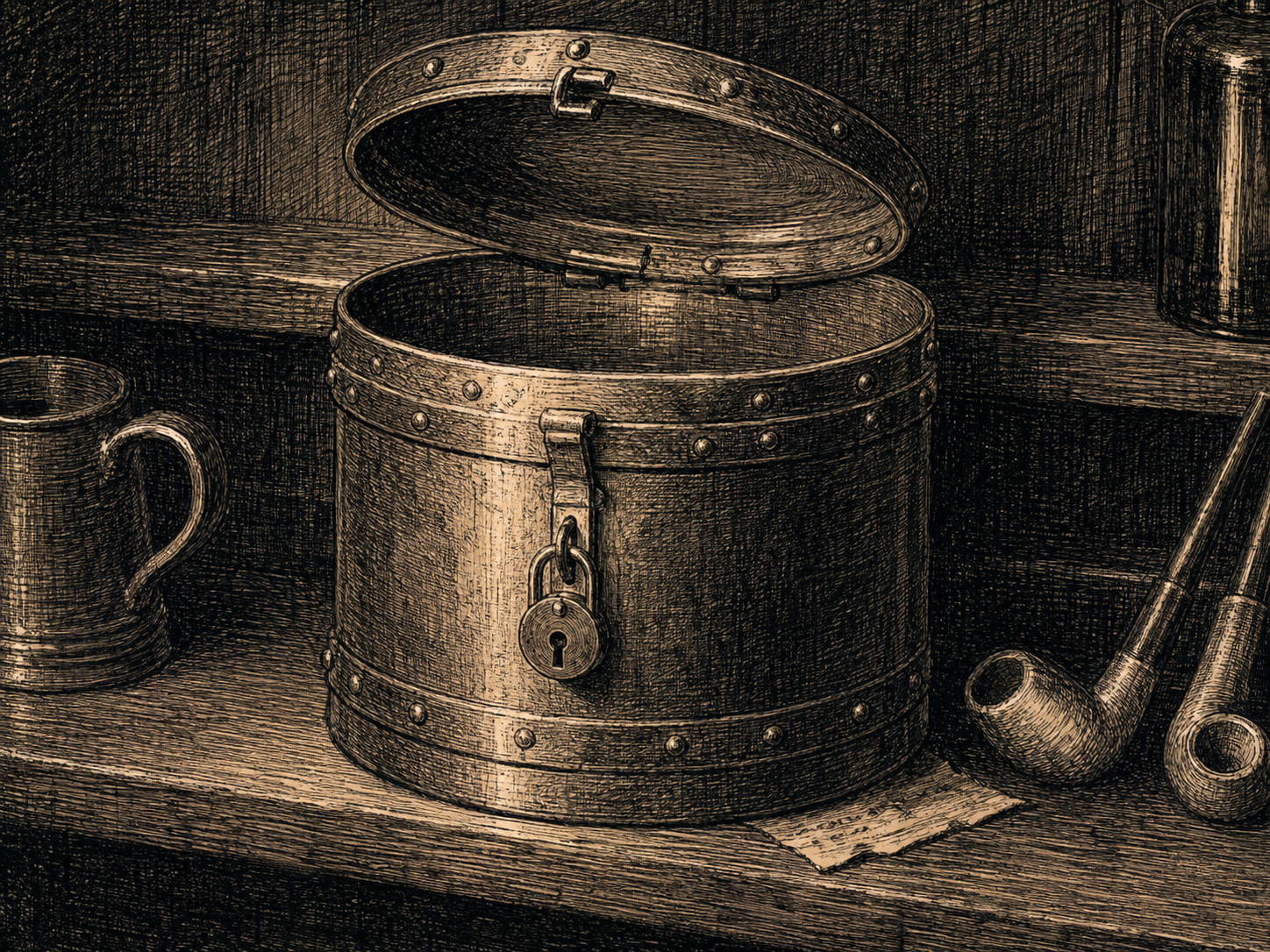 An empty Victorian brass-bound savings tin on a shelf, the lid open and the latch faintly bent.