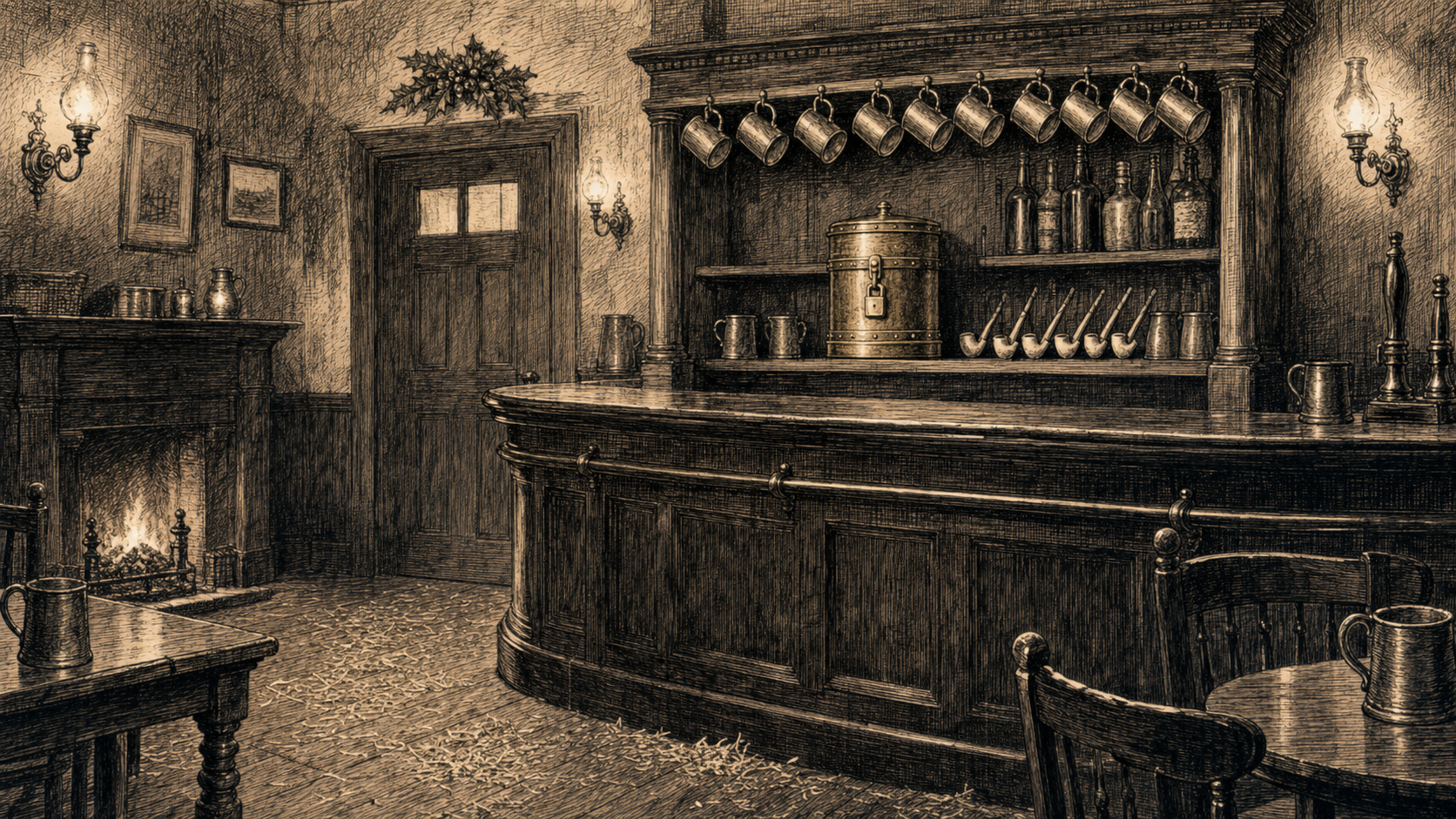 Interior of The Anchor and Crown public-house, gas-lit December evening, the savings tin on a shelf behind the bar with a sprig of holly above the door.