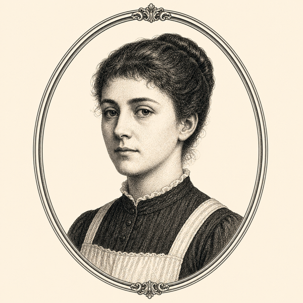 Polly Pyke, the publican's daughter: a young woman of eighteen in a clean apron, dark hair pinned in coils, standing behind the bar with a tea-towel.