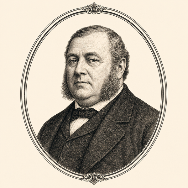 Mr Pyke, the publican: a heavy man of fifty in a publican's apron, mutton-chop side-whiskers, wiping a pewter mug behind his bar, the brass key visible on his watch-fob.
