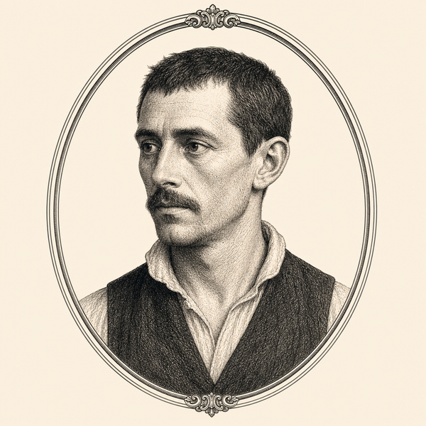 Sam, the potman: a wiry man of thirty in a leather apron, dark-haired and cropped close, holding a barrel-mallet at the cellar entrance.