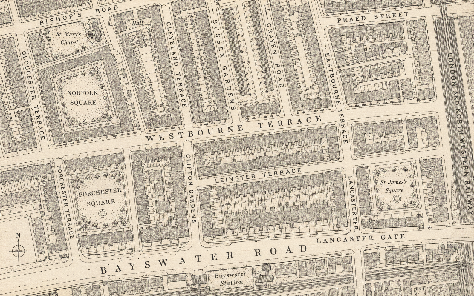 Hand-drawn map of the Bayswater drawing-room and adjoining areas.