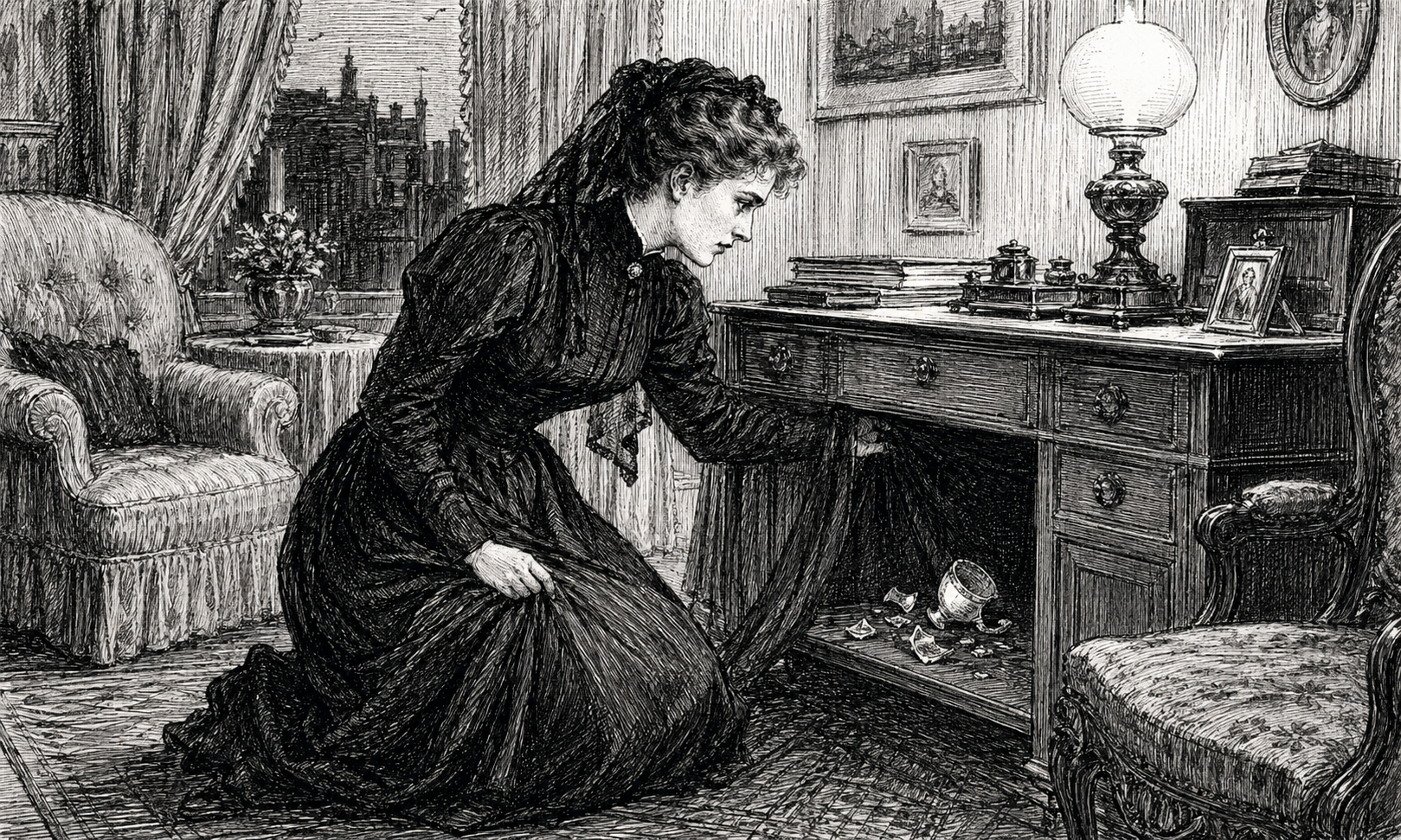 A widow in mourning sits at a Bayswater writing-desk, an empty silver cabinet behind her.